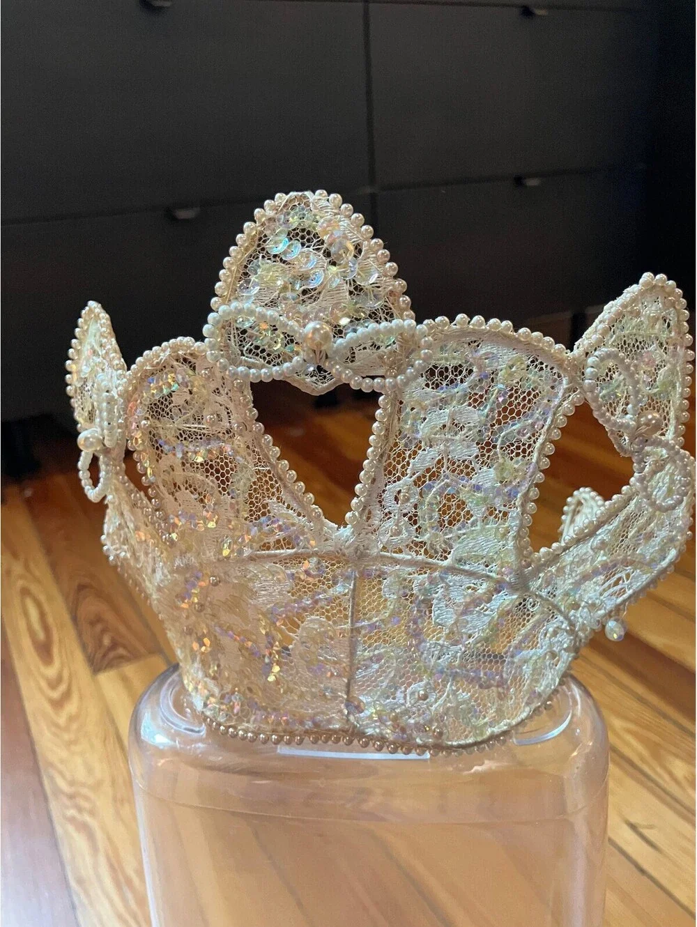 Vintage 1940/50s Pearl Lace Bridal Crown Headpiece Wired Juliet Cap Tiara Ivory